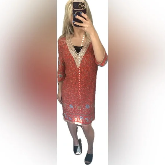 Vintage 70s Red Floral Midi Dress with Lace Trim S/M - Picture 5 of 5